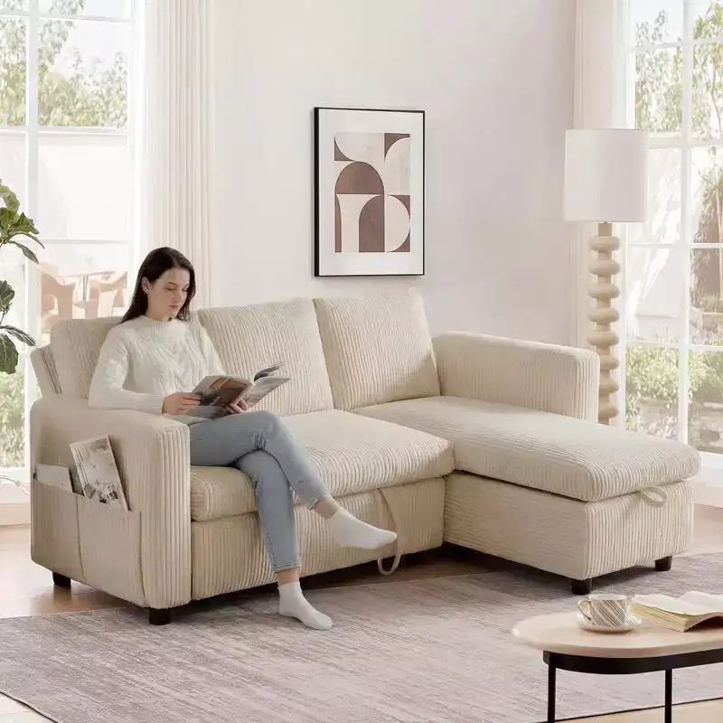 Dyonery 2 in 1 Pull Out Sleeper Sofa with Storage Chaise C Corduroy Sectional Couch with USB Ports for Living Room