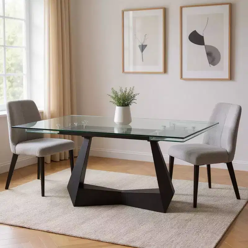 71 Clear and Black Glass and Metal Self-Storing Leaf Sled Base Extendable Dining Table