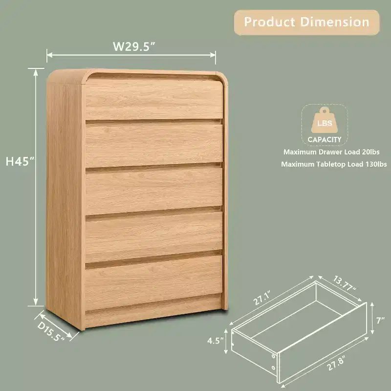 Modern 45 Tall 5-Drawer Dresser with Curved Profile, Mid-Century Wood Chest, Natural Texture for Bedroom/Living Room, Natural Oak