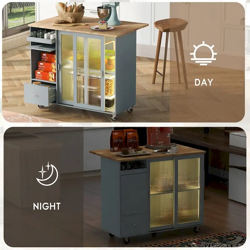 Kitchen Island with Drop Leaf,LED Light Kitchen Cart on Wheels