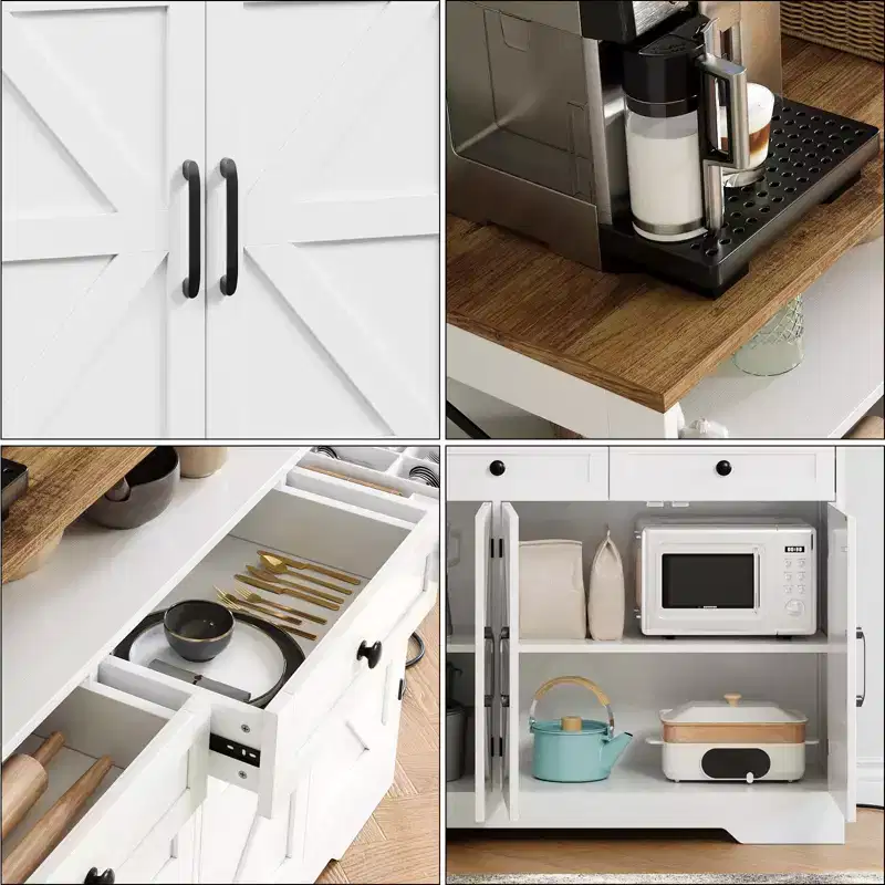 LinTimes Farmhouse Buffet Cabinet with Storage , Open Shelf & Charging Station, 51 Kitchen Hutch Pantry Cabinet Sideboard Coffee Station for Kitchen