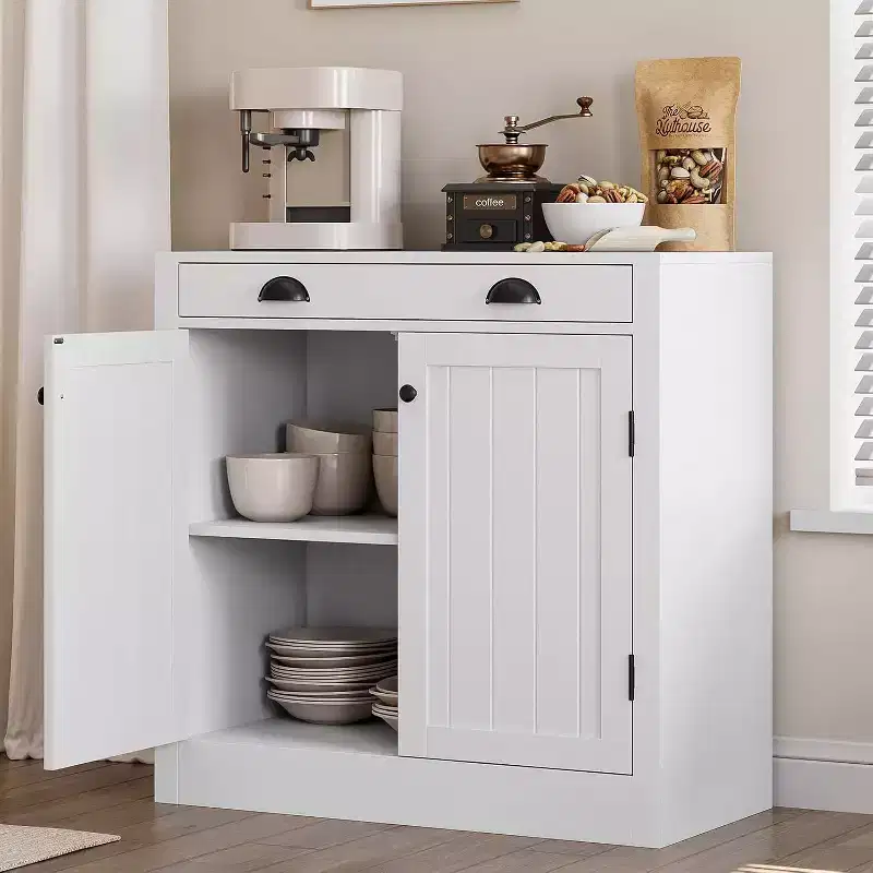 31.5 Modern White Sideboard Buffet Cabinet with Drawer and Adjustable Shelf, Wooden Coffee Bar Storage Cabinet, Farmhouse Style for Kitchen