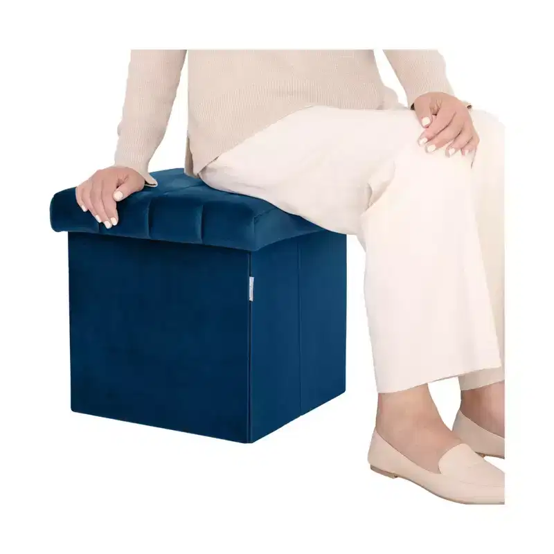 Blue Velvet Cushioned Accent Storage Ottoman