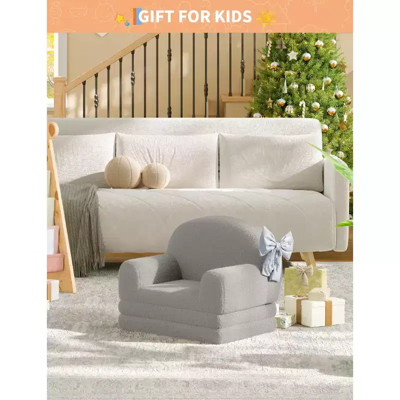 2-in-1 Kids Convertible Sofa & Lounger, Half-Moon Design Couch Bed, Fold Out Teddy Fleece Fabric Children's Sofa Bed, Machine Washable Cover