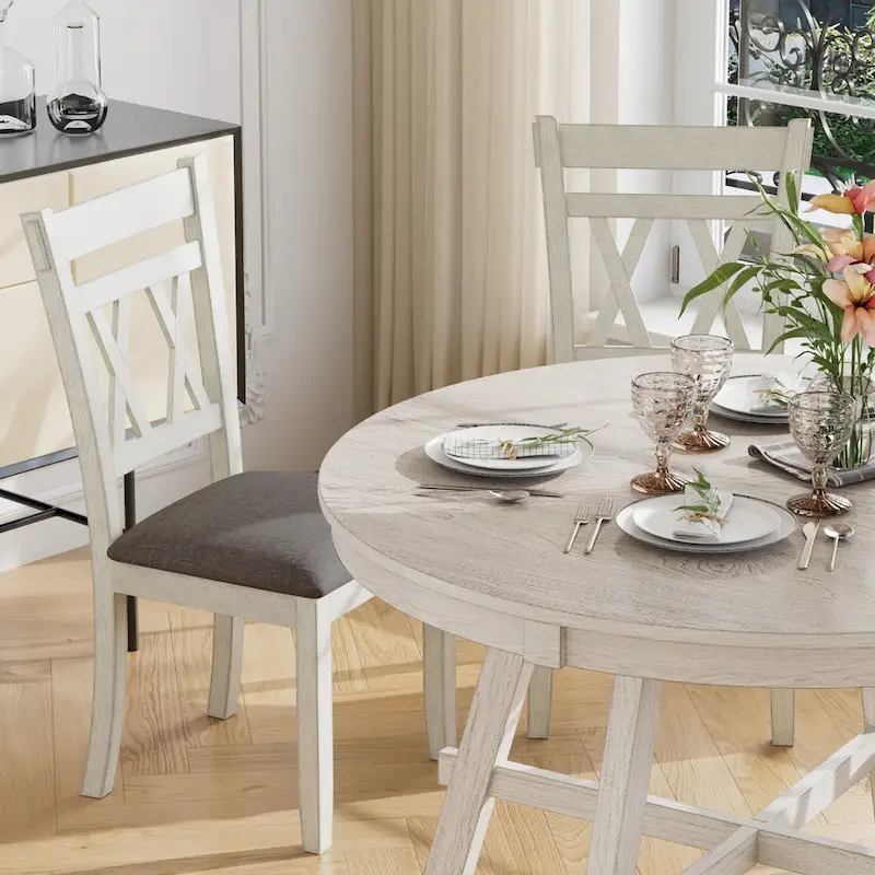 Solid Wood Dining Chairs with Linen Fabric Seat | Set of 2/4/6 | Kitchen Chair