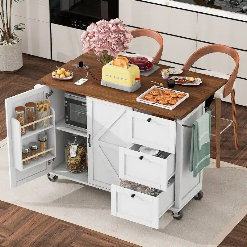 Farmhouse Kitchen Island with Power Outlet, Drop Leaf, Rolling Kitchen Cart