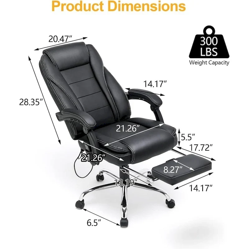 Ergonomic Heated Executive Office Chair, 2/4/6-Point Massage, Retractable Footrest, PU Leather