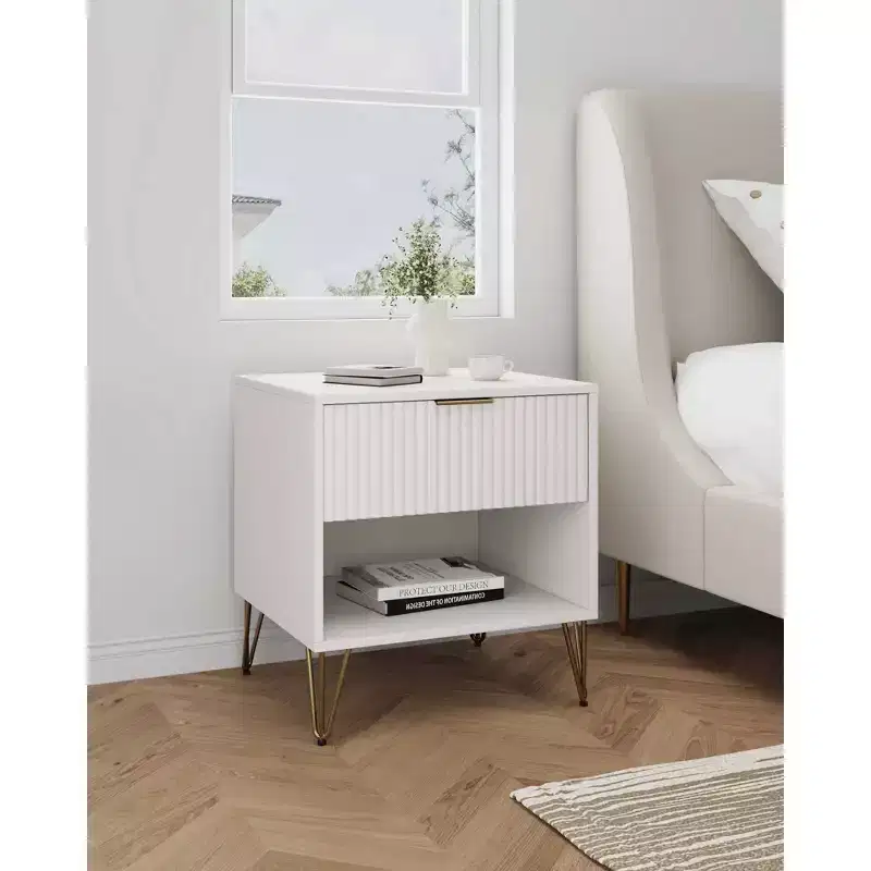 Manhattan Comfort Dumbo Nightstand with Drawer White: Modern Bedside Table, Metal Glides, Storage Shelf
