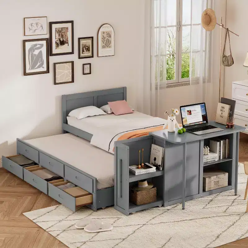 Twin Size Wood Platform Bed with Desk and Storage Shelf, Twin Queen Wooden Bedframe with Trundle and 3 Drawers