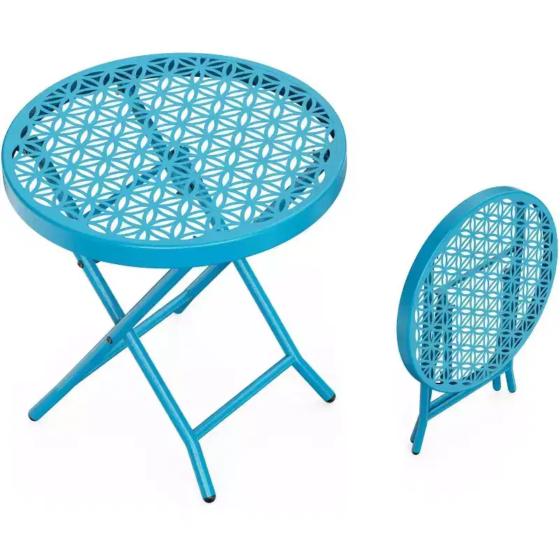 Blue Patio Folding Side Table with Floral Pattern and X-Shaped Metal Frame