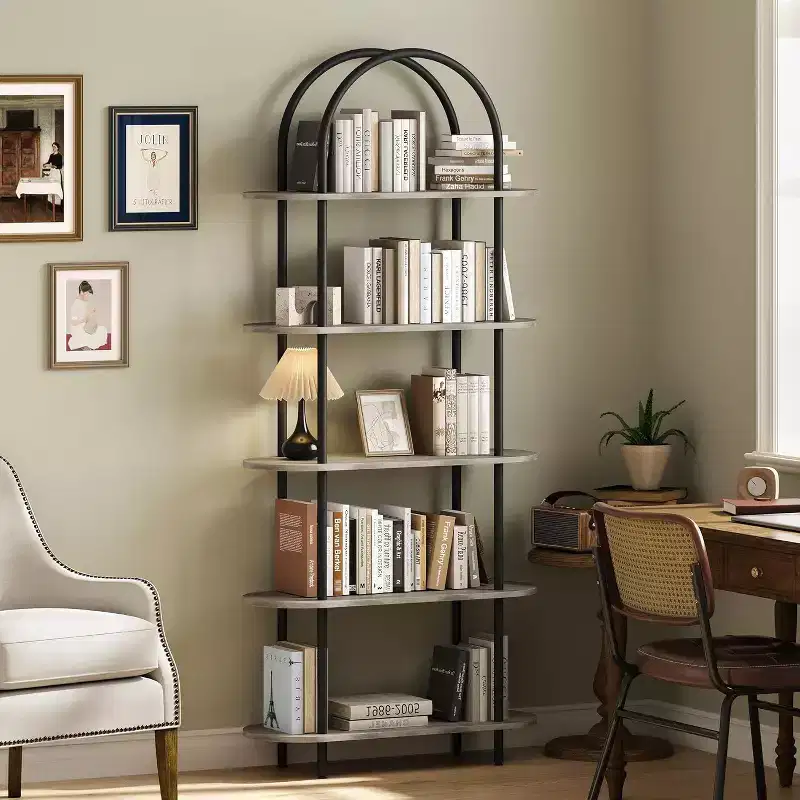 5 Tier Bookcase with Open Display Shelf, Vintage Industrial Style Display Shelf with Metal Frame for Living Room, Bedroom, Office