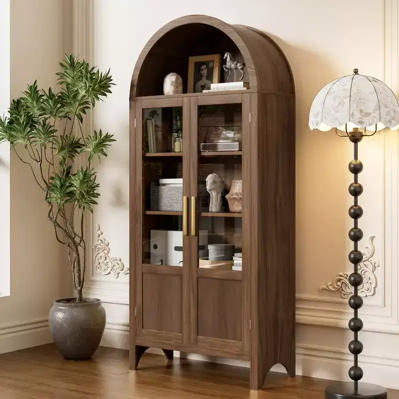 Tall Wooden Cabinet Arched Storage Cabinet with 2 Doors and Shelves for Living Room