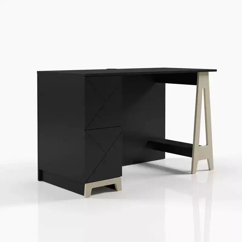 2-Drawer Desk, Black/Birch Plywood with Open Storage Shelf