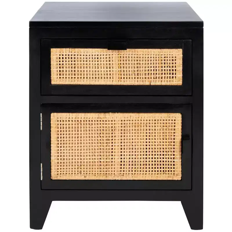 Mindi Wood and Rattan Nightstand with Drawer and Door 14