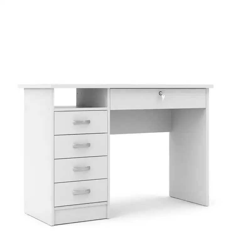 Writing Desk with 5 Drawers White Foil Finish Lockable Drawer Metal Glides Home Office