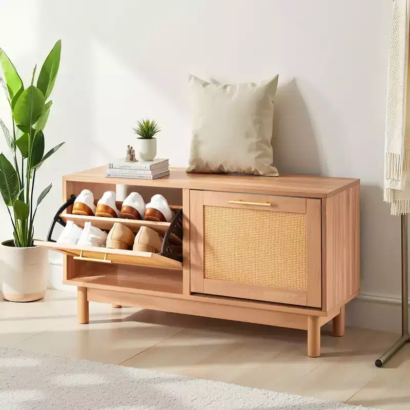 VEVOR Entryway Shoe Bench, 39.4 x 11.8 x 20.9 Inch Rattan-Like Shoes Bench with 2 Flip Drawers, 300lbs Shoe Storage Rack with 4 Compartments, Brown
