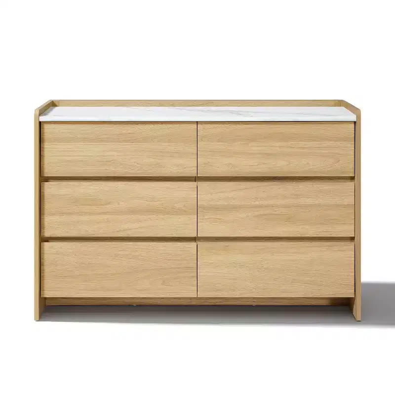 LuxenHome 47.2 Hazel Oak 6-Drawer Dresser with Raised Sides, Faux Marble Top, Durable Manufactured Wood Brown