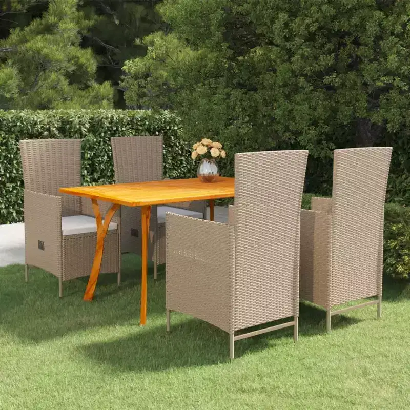 vidaXL Dining Set Beige Solid Acacia wood, PE rattan, Polyester cushioning