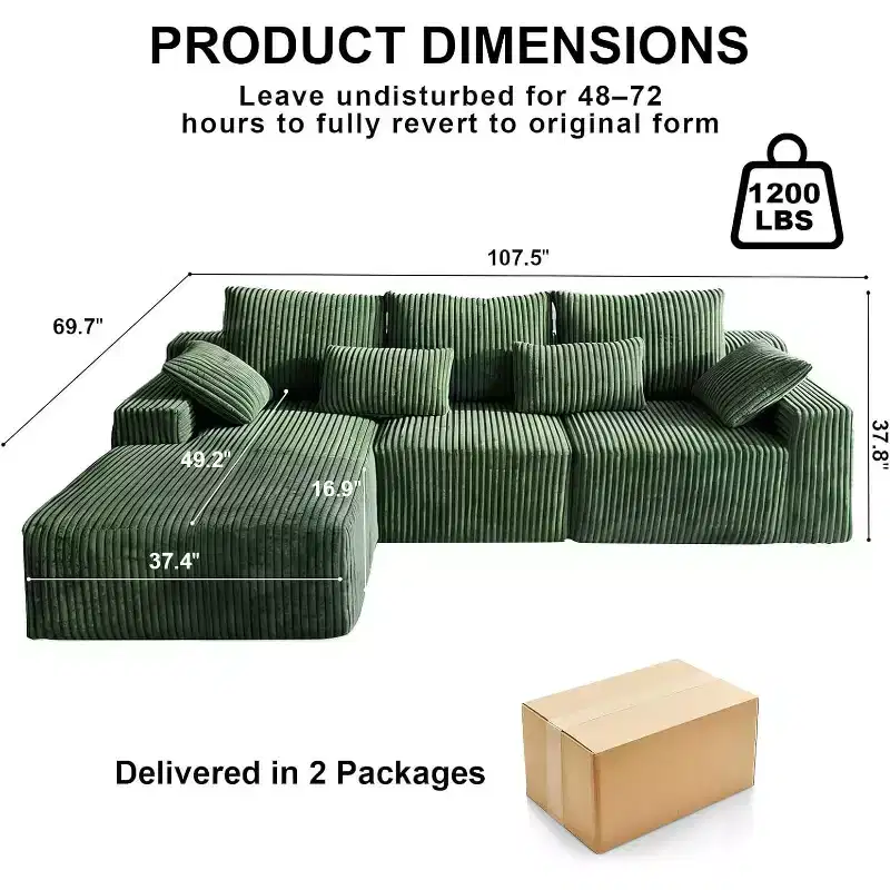 MooxvMoo 107.5 L Shaped Boneless Couch with Chaise & Throw Pillow, Plush Corduroy Modular Sectional Sofa for Living Room, Green