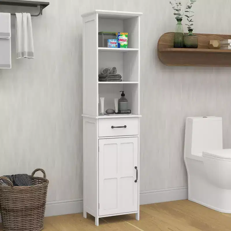 Tall Bathroom Storage Cabinet With Adjustable Shelves And Open Shelves, Slim Floor Standing Cabinet With 1 Door And 1 Drawer, Narrow Cabinet White