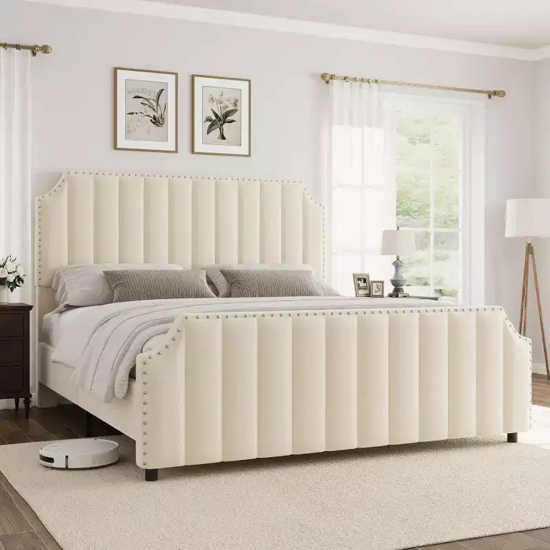 King Velvet Bed Frame with 50.2 Vertical Channel Tufted Headboard & Footboard, Nailhead Trim, Upholstered Platform Bed
