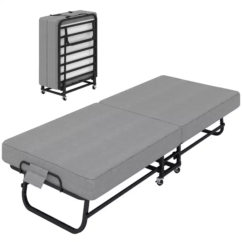 Portable Foldable Bed with Memory Foam Mattress, Locking Wheels & Breathable Linen Cover for Adults