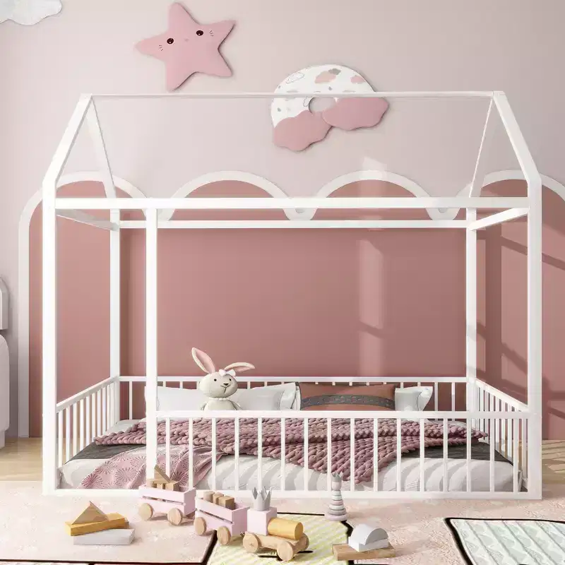 Twin Metal House Bed Frame with Fence, Low Profile Kids & Teen Bed Frame