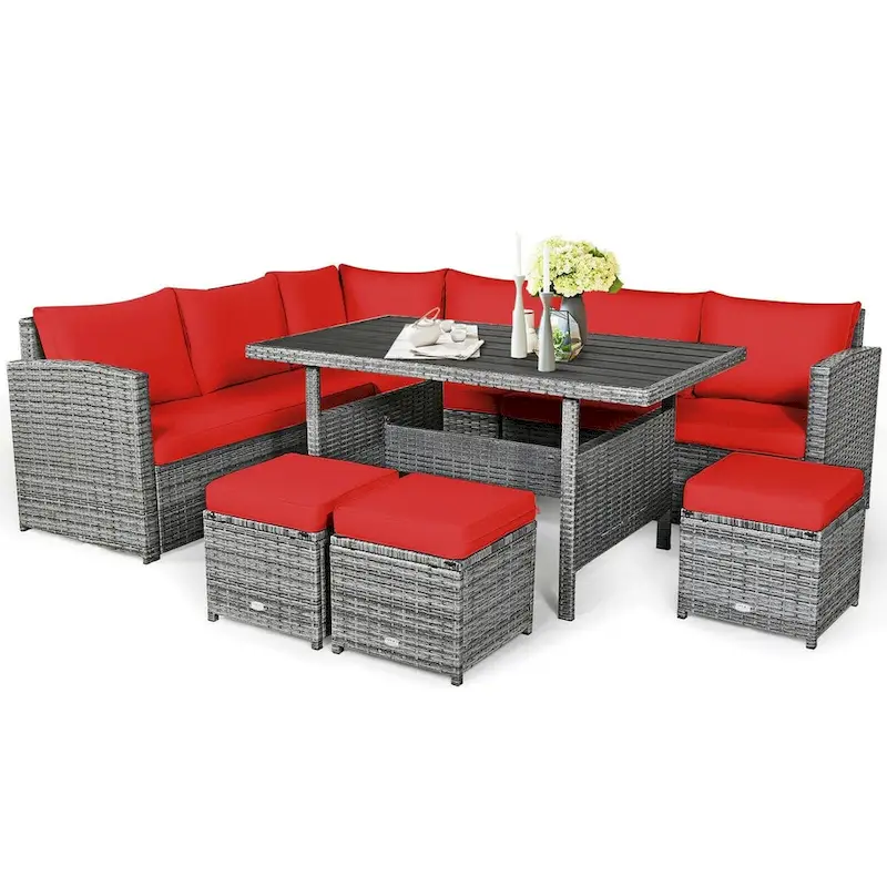 7 Pcs All-Weather Patio Rattan Dining Furniture Sectional Sofa Set with Wicker Ottoman and Cushed Couch