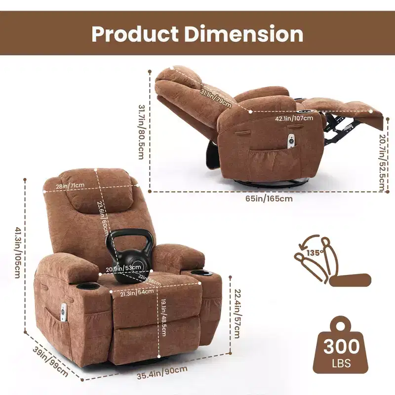 GustoWave Oversized Swivel Rocking Recliner Chairs w/Massage and Heat, Fabric Rocking Recliner Sofa for Living Room & Nursery