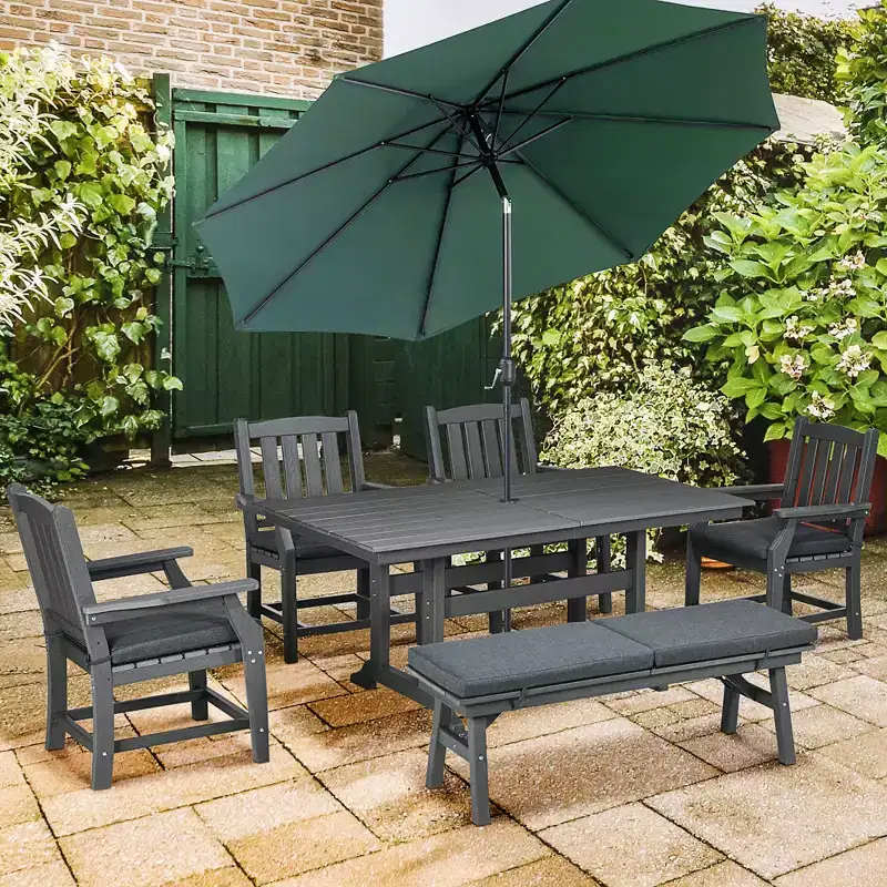 Outsunny Outdoor Dining Set, Patio Table and Chairs Set of 6, Conversation Furniture with Armrests, Loveseat Bench, Umbrella Hole, Cushions