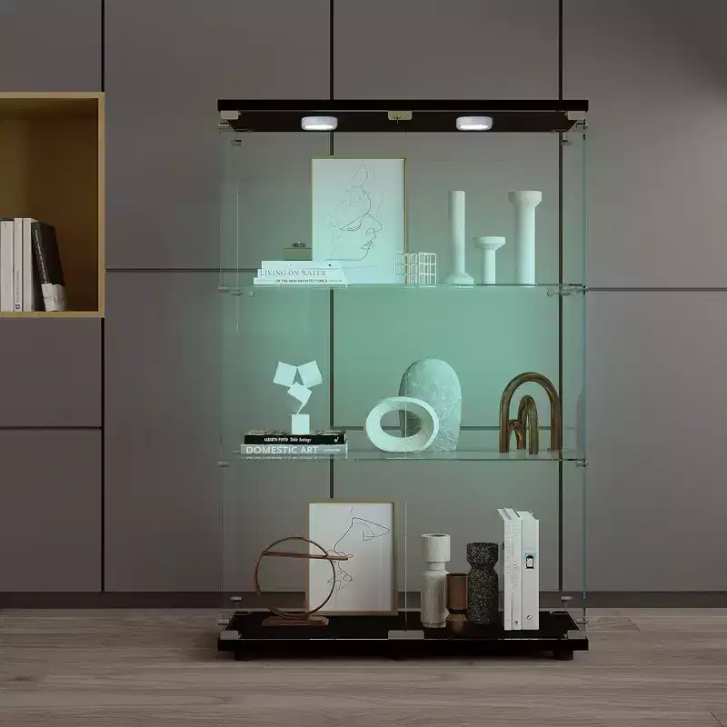 Tempered Glass Display Cabinet with Color-Changing Light and Lockable Casters, Black