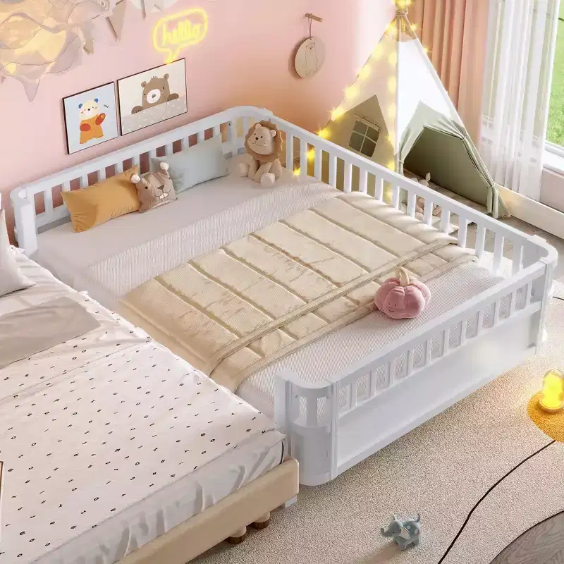 Full Platform Bed with Safety Guardrails & Detachable Fence, Solid Wood, White, for Kids