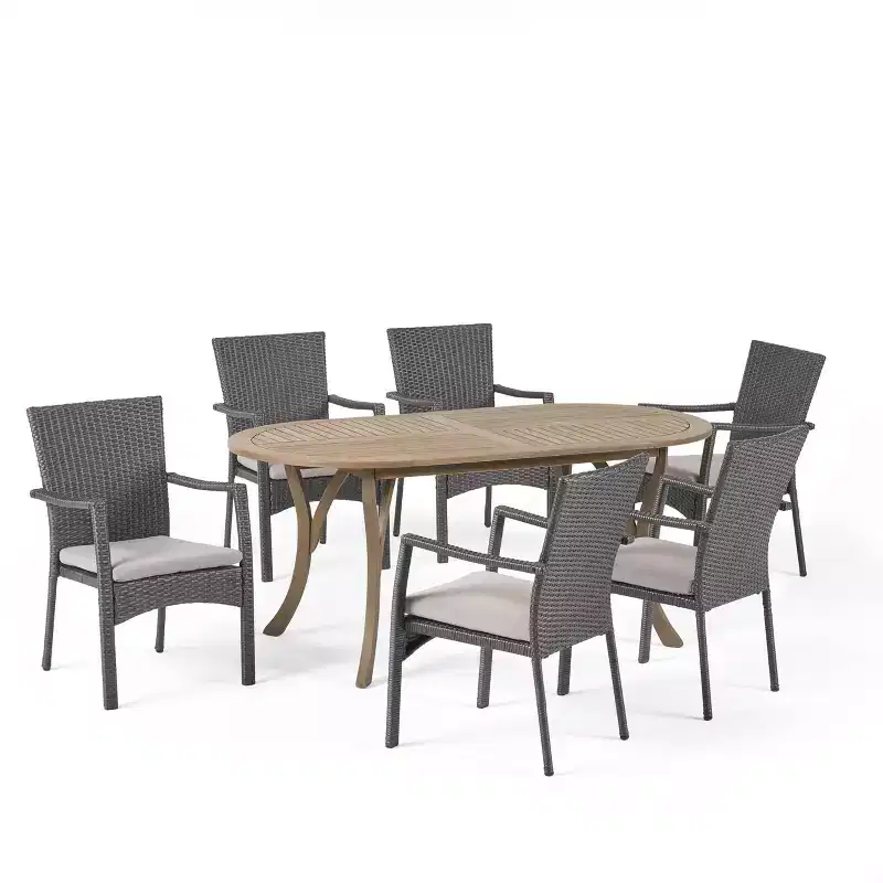 Landon 7pc Wood & Wicker Dining Set - Gray - Christopher Knight Home
