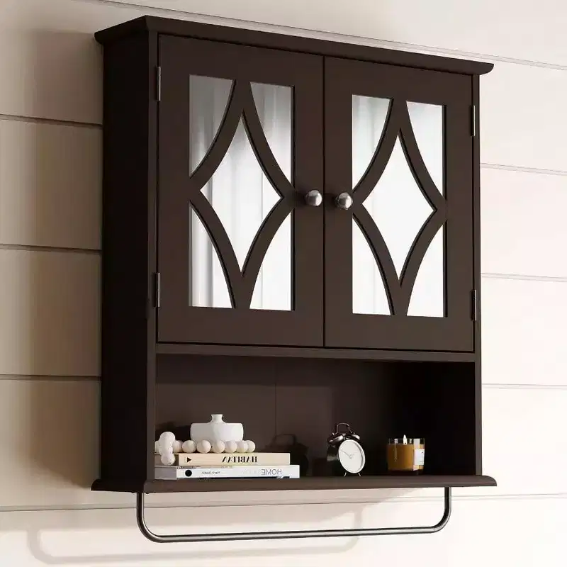 Wall Mounted Bathroom Cabinet Over Toilet with Towel Rack and Adjustable Shelf Large Brown Storage Cabinet 22x25 Inch