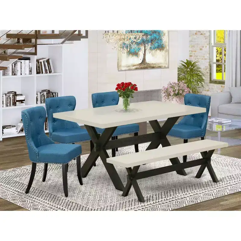 HomeStock 6 Piece Kitchen Table Set Blue Linen Chairs