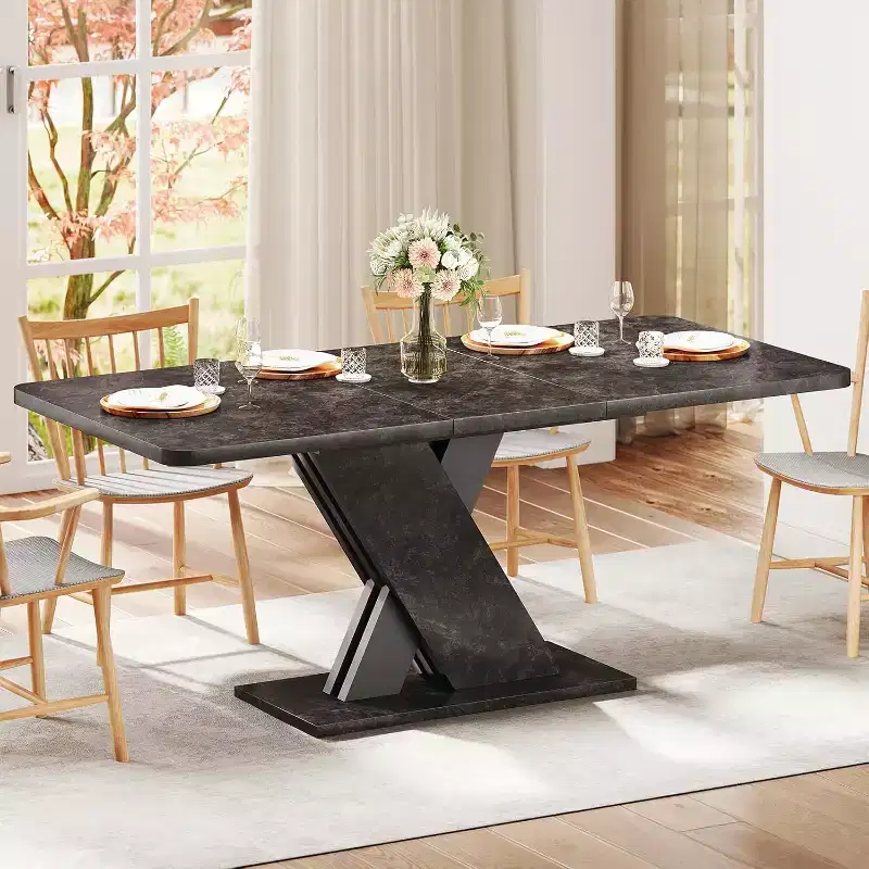 Expandable Farmhouse Dining Table, Seats 4-8, 55-70.87 in., Marble Look
