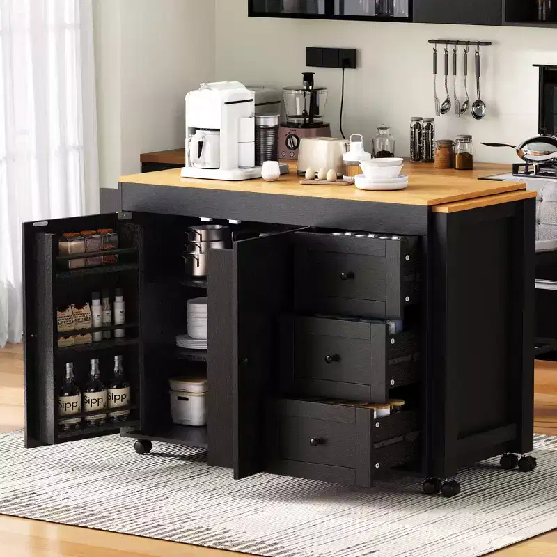 Okak Kitchen Island with Extendable Table, Kitchen Island With Storage and Power Outlet, Rolling Kitchen Cart with Spice Rack for Dining Room