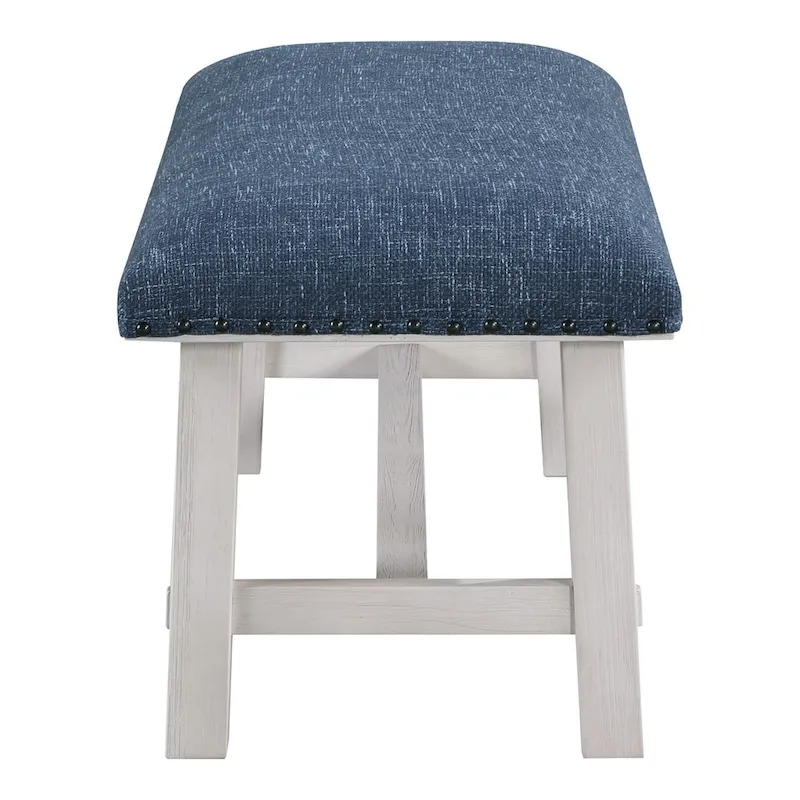 OS Home and Office Furniture Callen Bench with White Wash Frame and Antique Bronze Nailhead Trim in Navy Fabric