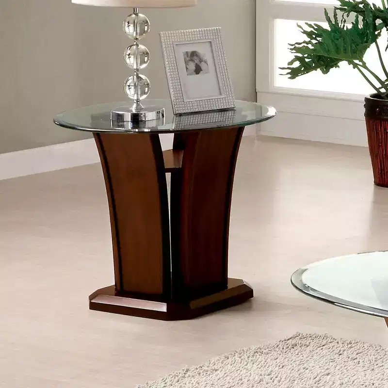 Gabriella Round Glass Top End Table Brown Cherry - HOMES: Inside + Out: Contemporary Pedestal, Tempered Top, Open Shelf