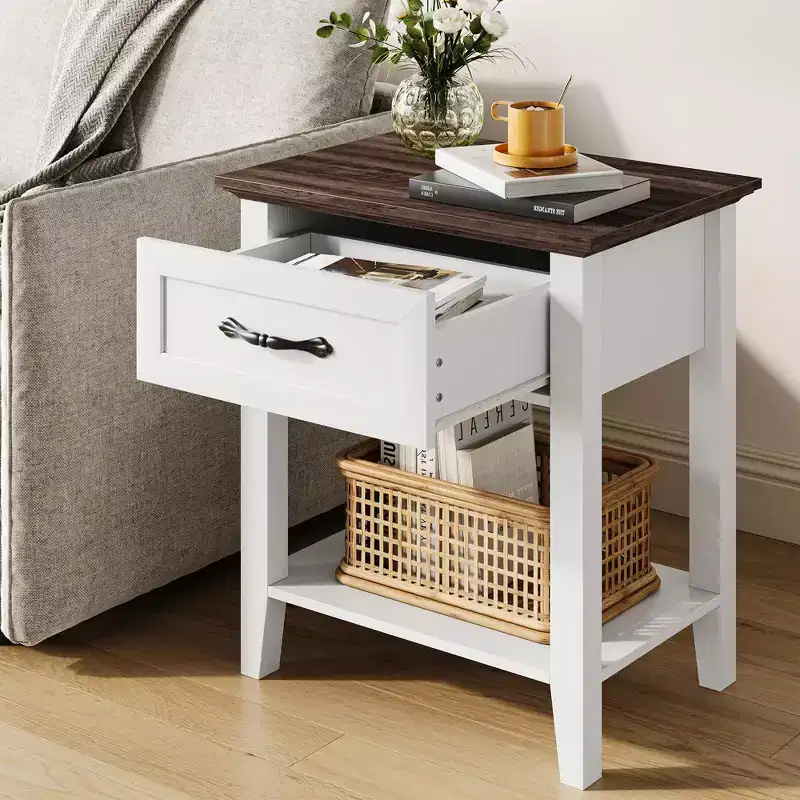 Nightstand with Storage Drawer & Open Shelf - Farmhouse End Table for Bedroom/Living Room