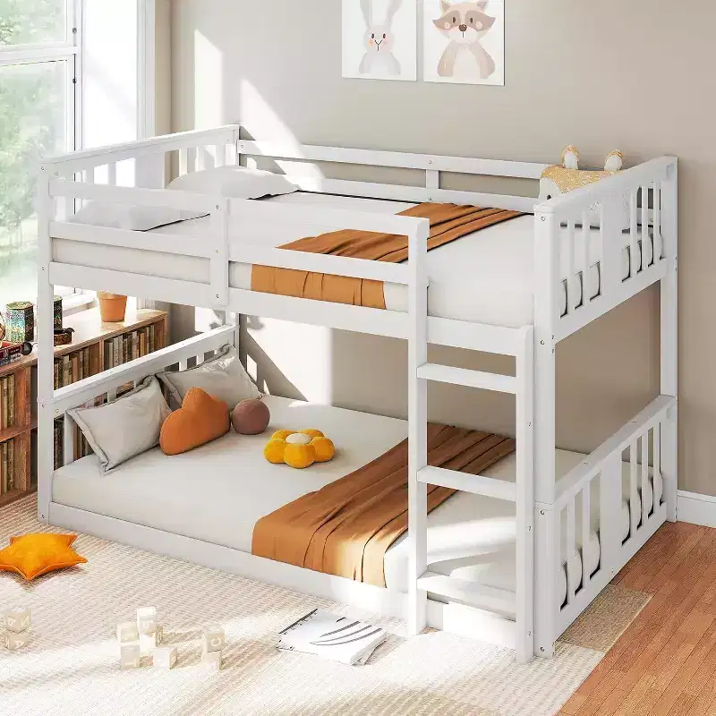 Zevemomo Low Twin Over Twin Bunk Bed, Solid Pine Wood Frame with Built-in Ladder, Converts to 2 Twin Beds, Space-Saving Floor Bed for Bedroom,White