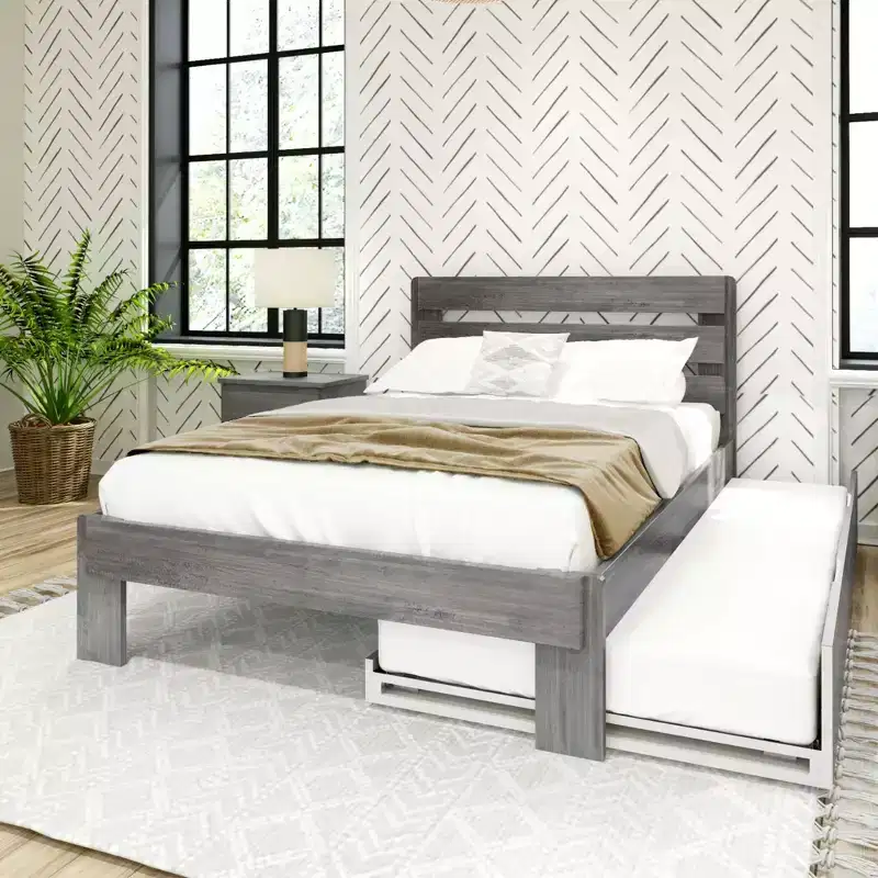 Full Size Bed Frame, Farmhouse Solid Wood Platform Bed with Headboard and Trundle