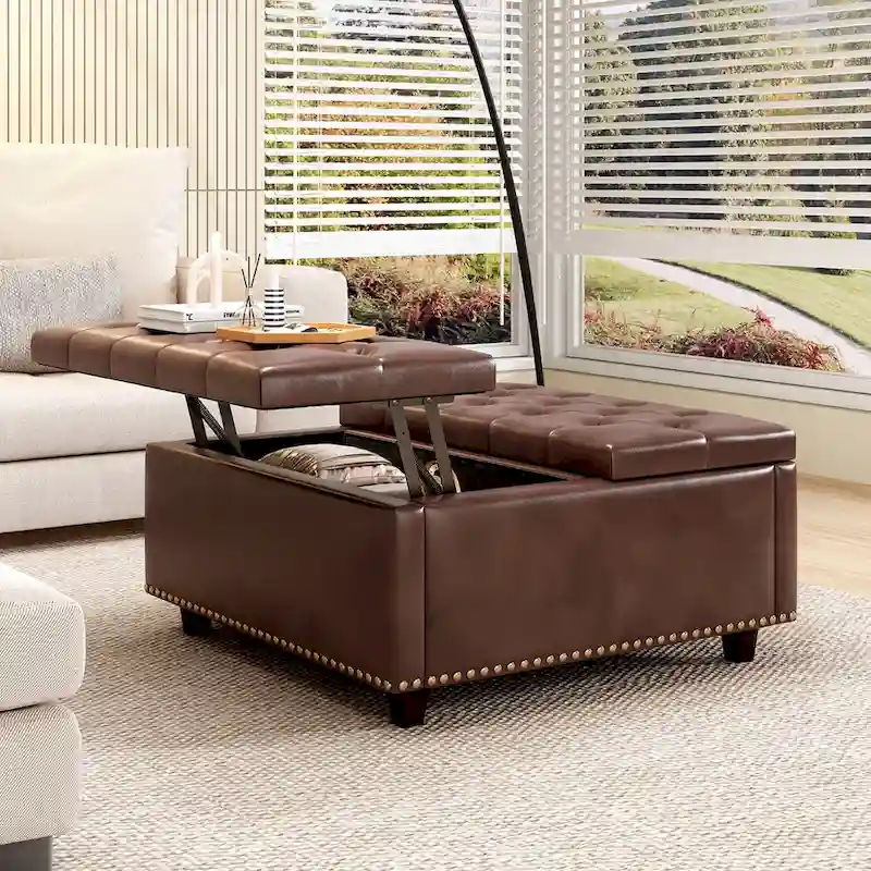 PU Leather Oversized Storage Square Chair with Storage,with Storage, Double Door Storage, Mid-Century Modern Coffee Table