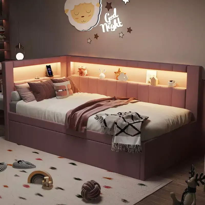 Twin/Full Daybed with Trundle and L-Shaped Bookshelf Headboard, Linen Upholstered Soft Corner Bed with Storage Shelves and LED Belt