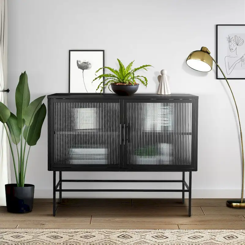 Double Door Tempered Glass Storage Cabinet with Adjustable Shelf