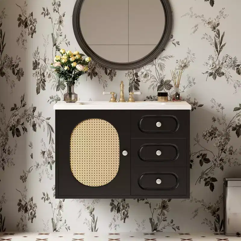 Rattan Wall-Mount Floating Bathroom Vanity with Sink, Black Painted Finish, Storage Cabinet, 2 Drawers, Rattan Door, and Ceramic Top