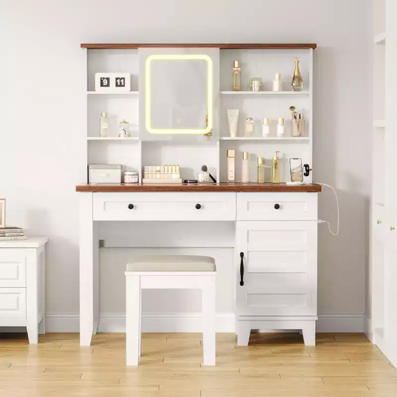 GustoWave Makeup Vanity Desk,Makeup Vanity with Mirror and Lights & Power Outlet, Makeup Table with 2 Drawers and Cushioned Stool, Dressing Table