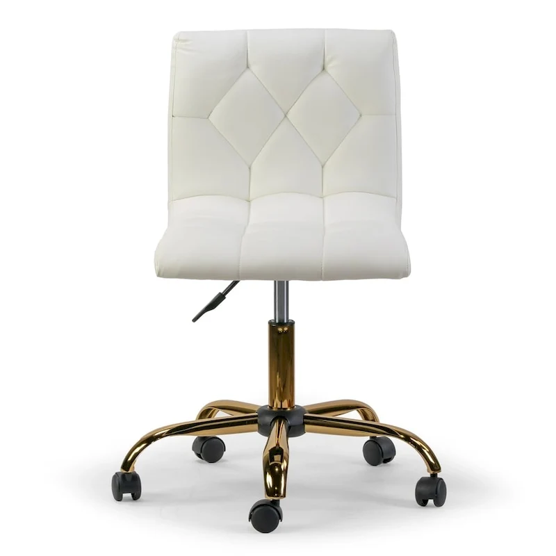 Off-White Faux Leather Armless Swivel Office Chair with Gold Base and Adjustable Height for 1 Person