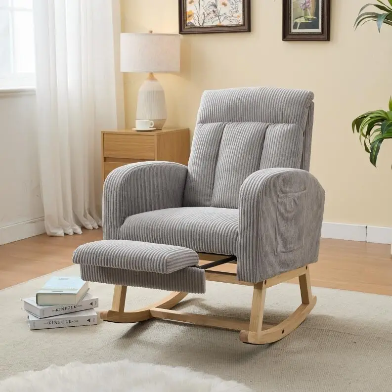Upholstered Rocking Chair with Solid Wood Base and Side Pocket