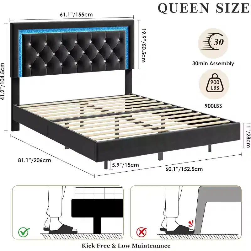 Floating Bed Frame with Diamond Headboard, Upholstered Platform Bed, Wood Slats Support, No Box Spring Needed, Easy Assembly
